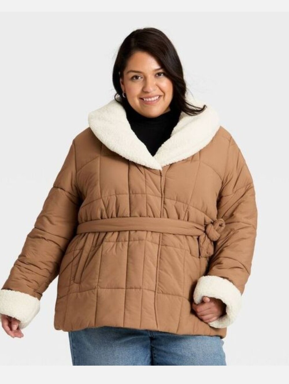 Ava & Viv Women's Belted Faux Shearling Puffer Jacket Tan Size 2X